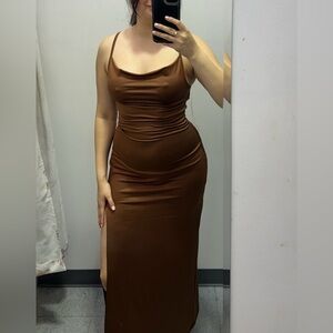 Sexy Brown, cowl square neck, long, side-split, cross strap, formal dress